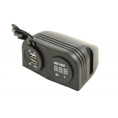 Afbeelding van Haba Powerline Dubbele Opbouw USB Lader + Voltmeter Zwart Contactdozen