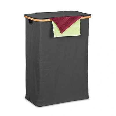 Afbeelding van Relaxdays wasmand met deksel 105 L wasbox zwart draagbaar badkamer slaapkamer