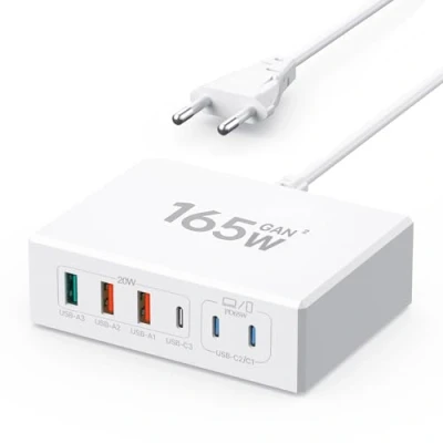 Afbeelding van USB C oplader, 165 W, adapter, 6 poorts meervoudige oplader met 3 en A, PD 3.0 snellader, voeding compatibel iPhone/Google/computer