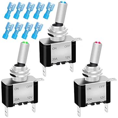 Afbeelding van Gebildet 3 stuks DC12 V 24 20 A led tuimelschakelaar (rood, groen, blauw), 2 voudig, polig, SPST, metaal, hendel, gebruikt voor auto, vrachtwagen, boot