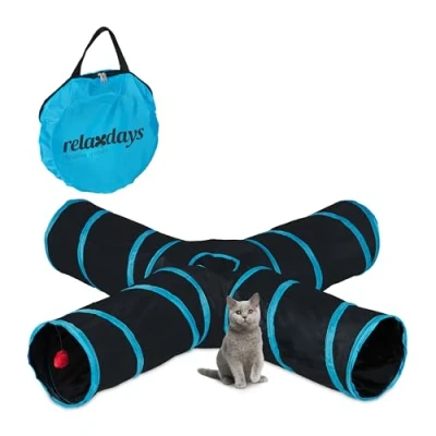 Afbeelding van Relaxdays kattentunnel 4 gangen opvouwbaar speeltunnel katten 130 cm lang pop up