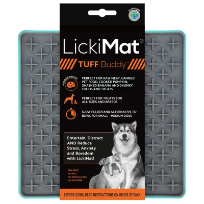 Afbeelding van Lickimat Buddy Tuff Slowfeeder Voermat 20x20 cm Hondenvoerbak Turquoise&amp;Grijs