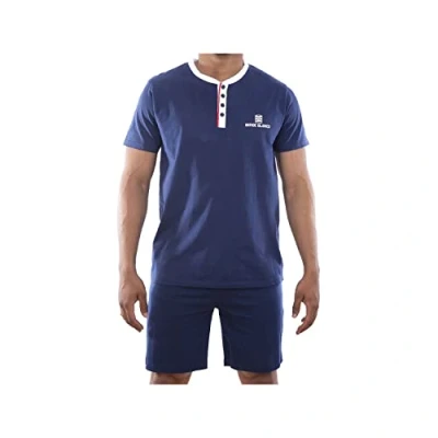 Afbeelding van Serge Blanco Heren pyjama kort T shirt Tunesische kraag Vintage, Blauw, XL