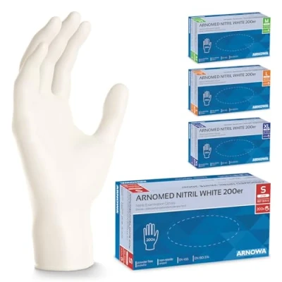Afbeelding van ARNOMED 400 stuks wegwerphandschoenen, wit, maat S, 2 x 200 stuks, rubberen handschoenen, poedervrij, nitril latexvrij, maten M, L, XL, keukenhandschoenen, huishoudhandschoenen,