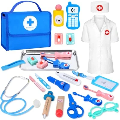 Afbeelding van TGTT Dokterskoffer voor kinderen, dokter Maboul met echte stethoscoop, thermometer, doktersjas en dokterstas, draagbaar, dokterskoffer, 3 jaar