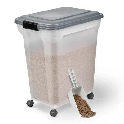 Afbeelding van Iris Ohyama, Droogvoercontainer, luchtdicht, met wieltjes, 45 liter/15 kilogram, grijs, klapdeksel waterdichte afdichting, kunststof, voor honden, katten, lekkernijen, container droogvoer,