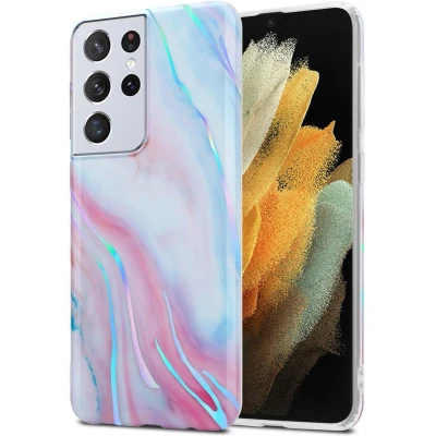 Afbeelding van Cadorabo Hoesje geschikt voor Samsung Galaxy S21 ULTRA in Wit Roze Marmer No. 15 Beschermhoes gemaakt van TPU siliconen Case Cover met mozaïek motief