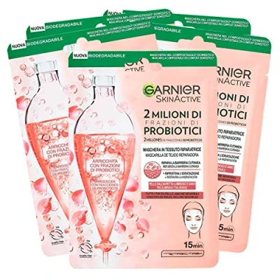 Afbeelding van Garnier SkinActive Herstellend Gezichtsmasker, 2 miljoen fracties van probiotica, voor alle huidtypes, biologisch afbreekbaar, hydraterend met hyaluronzuur, 5 verpakkingen elk 1 toepassing