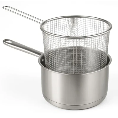 Afbeelding van braadpan met frituurmand steelpan boterpan geschikt voor inductie RVS Ø 16 cm