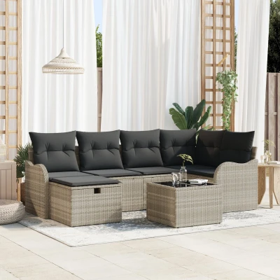 Afbeelding van vidaXL 7 delige Tuin Sofa Set met Kussens Lichtgrijs Poly Riet, 2 zits Riet