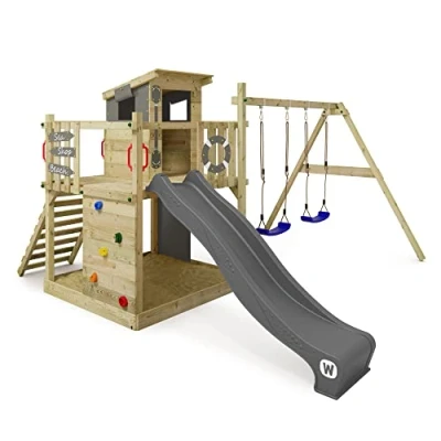 Afbeelding van WICKEY Smart Camp speelplaats van hout met schommel en antraciet glijbaan, klimtoren voor kinderen zandbak, ladder speelaccessoires de tuin.