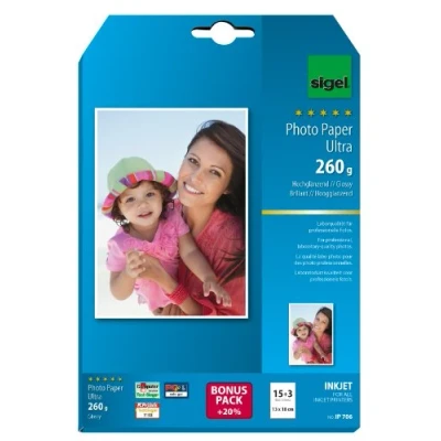 Afbeelding van SIGEL Ip706 Professioneel fotopapier, inkjet, ultra glanzend, formaat 13 x 18 cm, 260 g/m², 15 vellen + 3 gratis