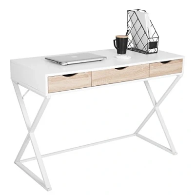 Afbeelding van WOLTU® TS40ws Computerbureau, werktafel, laptoptafel, melamine, met 3 laden, stalen frame, 110 x 50 75 cm (b d h), hout, wit