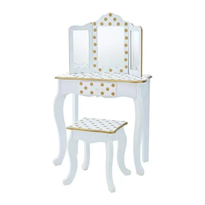 Afbeelding van Teamson Kids Houten Kaptafel Kinderen Tafel en Stoel Set Polka Dot Wit/Goud