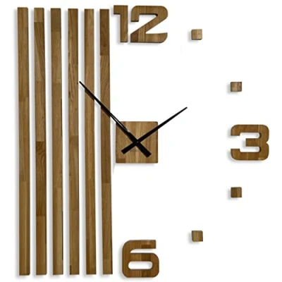 Afbeelding van Doe het zelf 3D wandklok eikenhout lamellen grote modern design EKO decoratie voor kantoor woonkamer slaapkamer XXL 100 cm zwarte wijzers