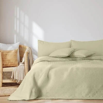 Afbeelding van AmeliaHome Sprei met pompons 220x240 cm bedsprei tweezijdig ultrasoon stiksel polyester Meadore Beige