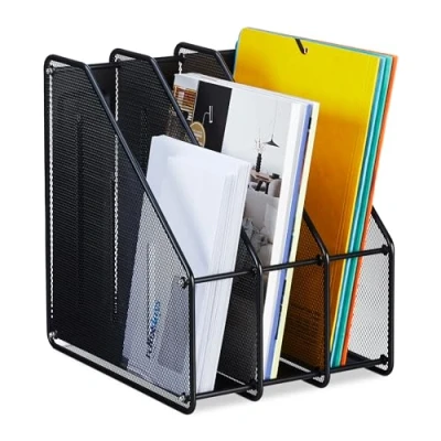 Afbeelding van Relaxdays tijdschriftencassette staand staal 3 vakken A4 magazinehouder kantoor zwart