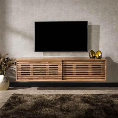 Afbeelding van Hoyz Collection TV meubel 150cm Zwevend 2 Deuren Slide Massief Acacia Naturel