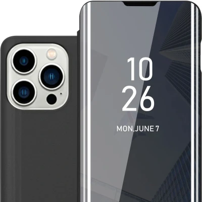 Afbeelding van Cadorabo Hoesje geschikt voor Apple iPhone 14 PRO MAX in TOERMALIJN ZWART Clear View Spiegel Beschermende Case met Tribunefunctie 360 Graden Bescherming Book Cover Etui