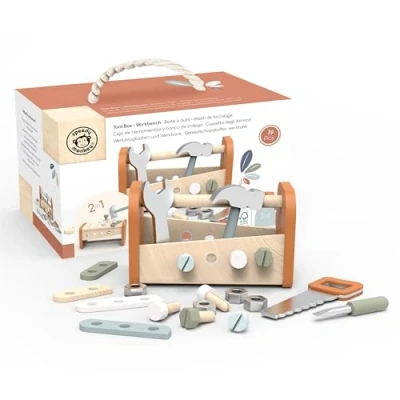 Afbeelding van Speedy Monkey SP3017 2 in 1 werkbank, gereedschapskist, 25 x 13,5 15 cm, houten speelgoed voor kinderen, zorgvuldige details, geweldig cadeau idee