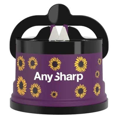 Afbeelding van AnySharp Messenslijper, handenvrij, PowerGrip zuignap, slijpt veilig alle keukenmessen, ideaal voor gehard en gekarteld staal, zonnebloemen