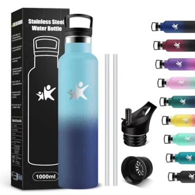 Afbeelding van KollyKolla 1 liter thermosfles, BPA vrije waterfles, roestvrijstalen waterfles met rietje, lekvrij, herbruikbaar, voor kantoor, sport, fietsen, werk