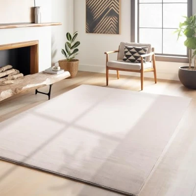 Afbeelding van HomebyHome Vloerkleed, 140 x 200 cm, beige, wasbaar, laagpolig, effen, modern design, antislip, extra zacht, pluizig, voor woonkamer, slaapkamer, kinderkamer