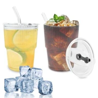 Afbeelding van Newpop Set van 2 glazen koffiekopjes, 400 ml, espressoglazen, kapucijnkopjes, transparant, luchtdicht, waterdicht, met deksel en rietje, voor melk, gevlekte thee, whisky