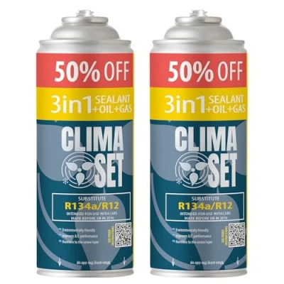 Afbeelding van Clima Set R134 3 in 1 airconditioningskoelmiddel met afdichtmiddel en olie voor auto airconditioning koelmiddel 2 blikjes à 235 g Eco