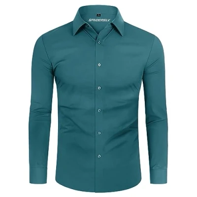 Afbeelding van DEMEANOR Stretch overhemd met lange mouwen voor heren, slim fit, businesshemd kreukvrij, Turkoois