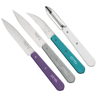 Image de Opinel Essentials 254376 Lot de 4 couteaux cuisine en acier inoxydable Violet/argent/turquoise/blanc 19,5 x 2 1 cm