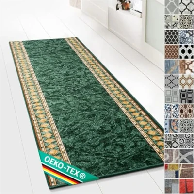 Afbeelding van Floordirekt hal vloerkleed met patroon Op maat gemaakt fijn lussenpool Voor keuken, en woonkamer Vintage ornament Oosters raster (80 x 200 cm, Rügen groen)
