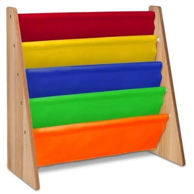 Afbeelding van Kinderboekenkast met 4 niveaus van kleurrijke stof eenvoudige toegang tot kinderboeken, boekenkast voor kinderen, regenboogkleur, perfect slaapkameropslag