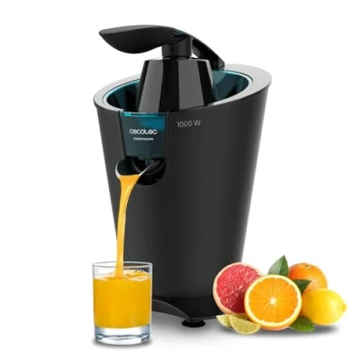 Afbeelding van Cecotec EssentialVita PowerFresh 1000 zwarte elektrische citruspers met arm voor sinaasappels, W, stalen filter, twee afneembare kegels, druppelstop, vaatwasmachinebestendig, elegant design