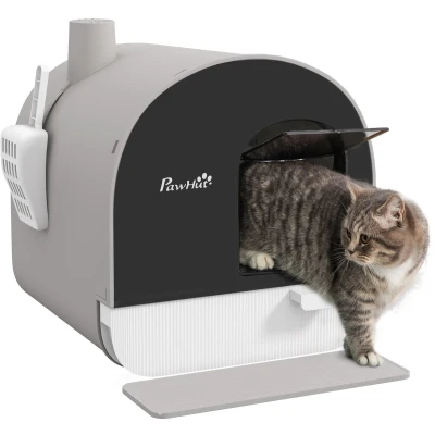 Afbeelding van PawHut Bac à litière pour chat avec couvercle et pelle jusqu&#039;à 5 kg Plateau extensible Tapis en plastique Gris 43 x 44 47 cm