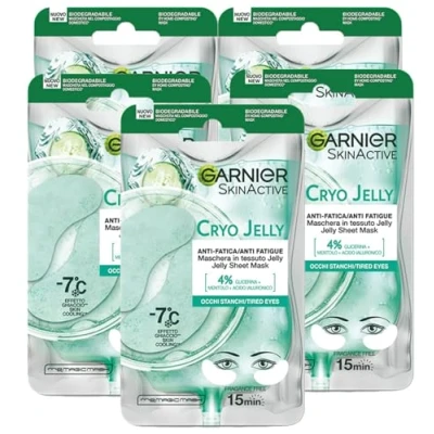 Afbeelding van Garnier SkinActive Cryo Jelly Oogmasker van biologisch afbreekbare anti vermoeidheidsstof, ijseffect met hyaluronzuur tegen donkere kringen, veganistische formule, 5 verpakkingen elk 1 toepassing