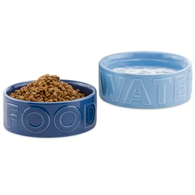 Afbeelding van Navaris set van twee keramieken bakken Voerbak en drinkbak Voor honden grote katten Waterbak etensbak Lichtblauw Donkerblauw