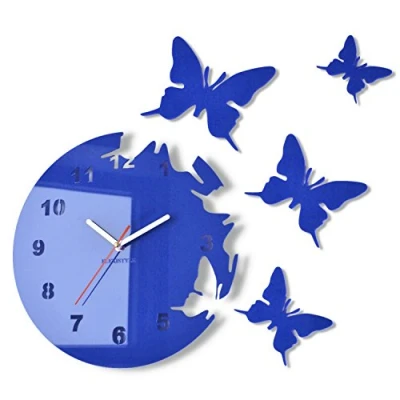 Afbeelding van FLEXISTYLE Grote moderne wandklok vlinderblauw rond 30 cm, 3D DIY, woonkamer, slaapkamer, kinderkamer