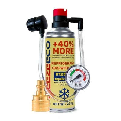 Afbeelding van navulling airconditioning auto r1234yf, gas r1234yf navulverpakking, FREEZEECO 2in1 HOBBY met geïntegreerde drukslang, manometer en adapter