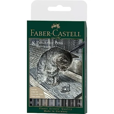 Image de Faber Castell 167171 Lot de 8 stylos Pitt artist, noir et gris, B, F, 1,5, FM,