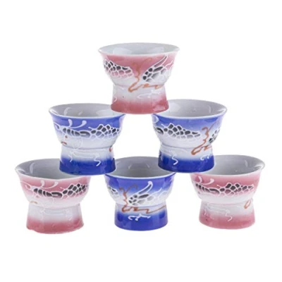 Afbeelding van lachineuse 6 Sakekopjes voor vrouwen Japanse sakeglazen Chinees flirterig cadeau idee Traditioneel Japans porseleinen sake servies Soju kom en alcohol Kleur: blauw &amp; roze