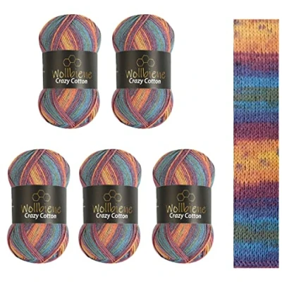 Afbeelding van Wollbiene Crazy Cotton Batik 5 x 100 g, 500 g met kleurverloop, 55% katoen, meerkleurig, breiwol, voor haken, wol alle seizoenen (5040 regenboog pastel)