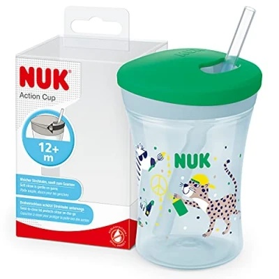 Image de NUK Action Cup Gobelet pour enfant de 12 mois et plus, 230 ml, couvercle à visser avec paille souple, anti fuite, sans BPA, motif léopard vert
