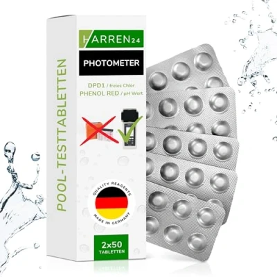 Afbeelding van harren24 50 x zwembadfotometer testtabletten, chloor en pH waarde, fenolrood + DPD1 zwembadwatertester, elektronisch geschikt (100 tabletten)