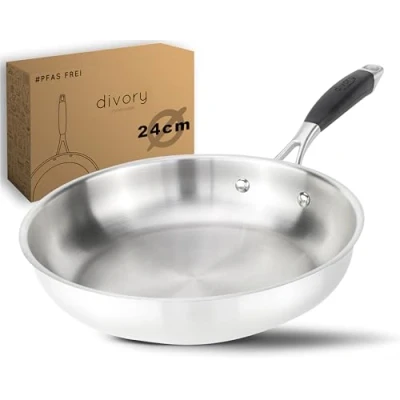 Afbeelding van DIVORY 24 cm RVS Inductiepan Zonder Coating Koekenpan Inductie met Ergonomische Handgreep, Koekepan geschikt voor alle Kookplaten, vaatwasserbestendig, (Zilver Koekenpannen, cm)