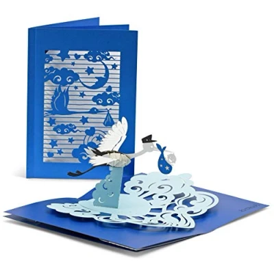 Afbeelding van Geboortewenskaart met extra wenspagina hoogwaardige kaart voor jongens 3D pop up verjaardagskaart blauw ooievaar en baby om te feliciteren