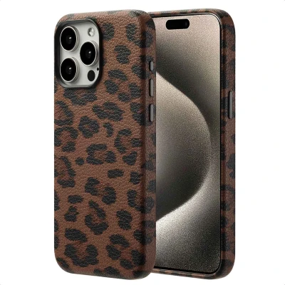 Afbeelding van Selencia Hoesje geschikt voor iPhone 15 Pro Max Sabi Backcover panterprint MagSafe Mocha Brown