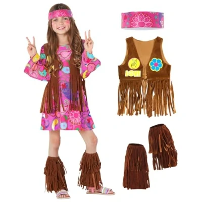 Afbeelding van Morph hippie kostuum voor meisjes, kinderen, jaren 80, Halloween kostuum, maat XL