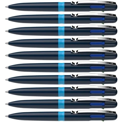 Afbeelding van Schneider Take 4 multifunctionele balpen (4 kleuren, gerecycled kunststof, vervangbare vullingen), donkerblauw/lichtblauw, 10 stuks