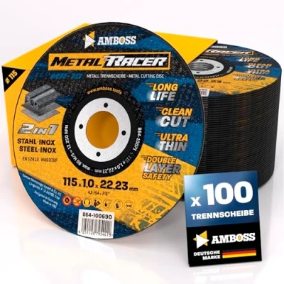 Afbeelding van Set van 100 metalen doorslijpschijven Ø 115 x 1 22,23 mm. de doorslijpschijf Metal Racer by AMBOSS WERKZEUGE is geschikt voor staal en roestvrij staal,